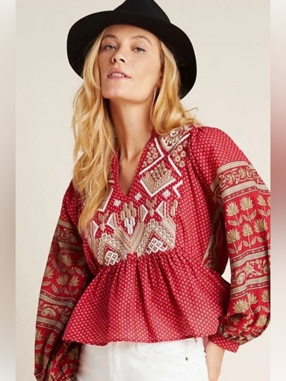 Anthropologie Keira Red Embroidered Peplum Top - Size 8